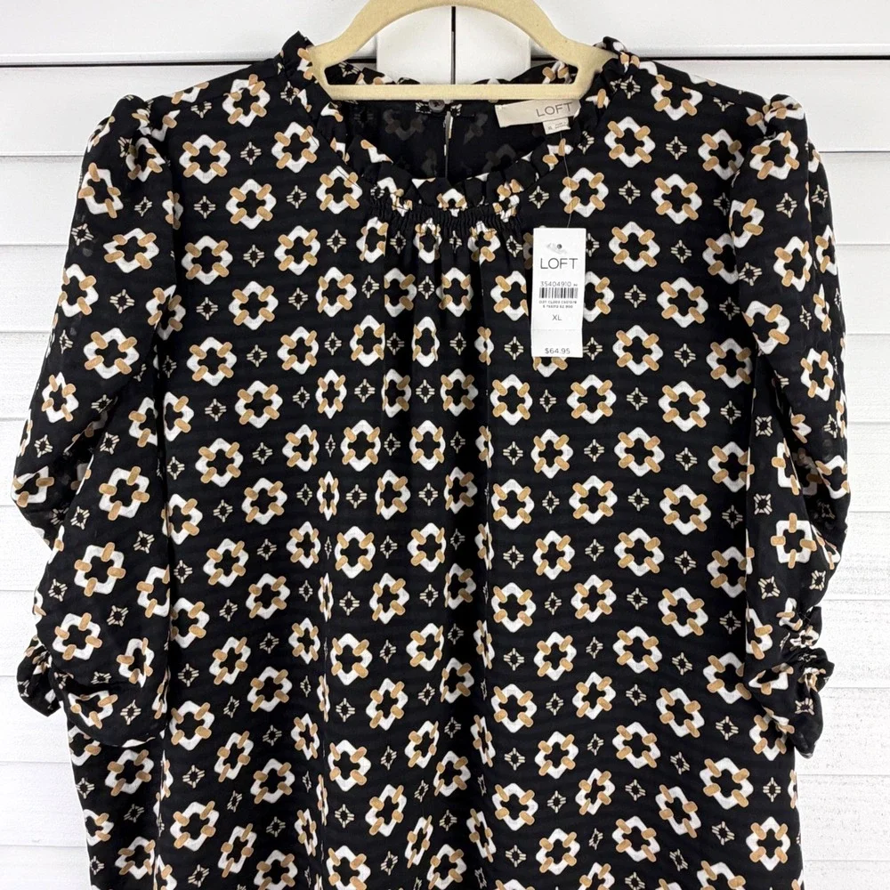 LOFT Blouse XL Black Geometric Ruffle Neck Puff Sleeve NEW